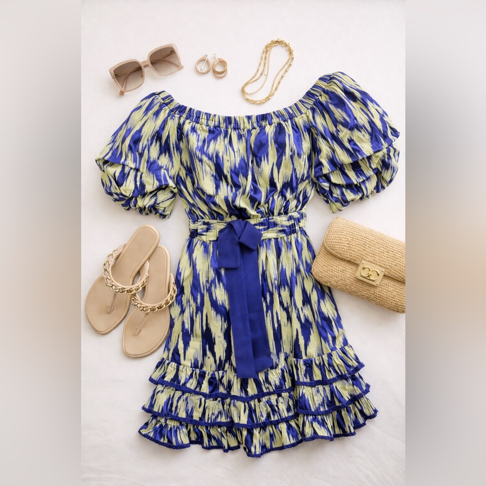NWT Cinq à Sept Blue Abstract Puff Sleeve Mini Dress – Size 6 – Off Shoulder